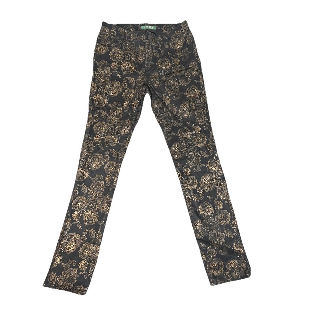 Ralph Lauren LRL Women 2 Black Gold Metallic Paisley Slim Straight Pants Elegant